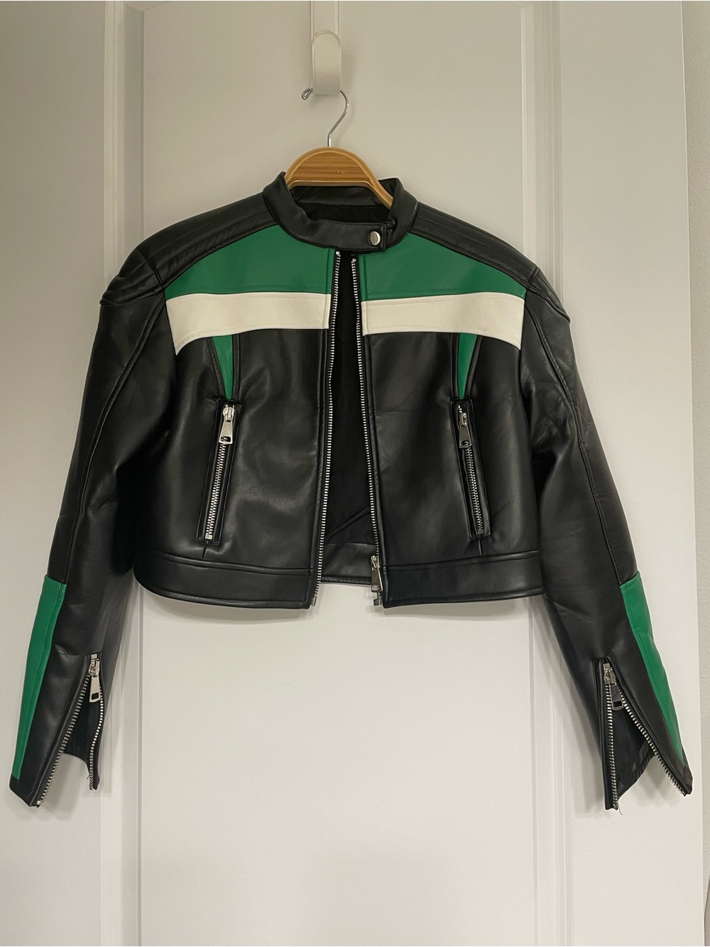 Lioness Black, Green & White Faux Leather Moto Jacket
